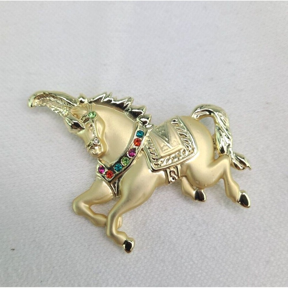 Vintage 80's Retro Rhinestone Carousel Horse Unicorn Gold Tone Pin Brooch by AJC